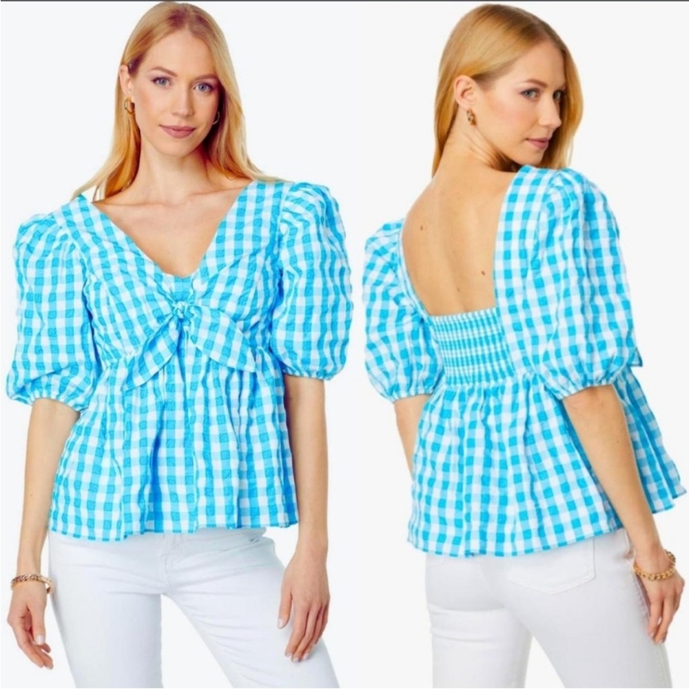 LILLY PULITZER SARAFINA BLUE GINGHAM CHECK BABYDOLL SHORT PUFF SLEEVE SMOCK TOP